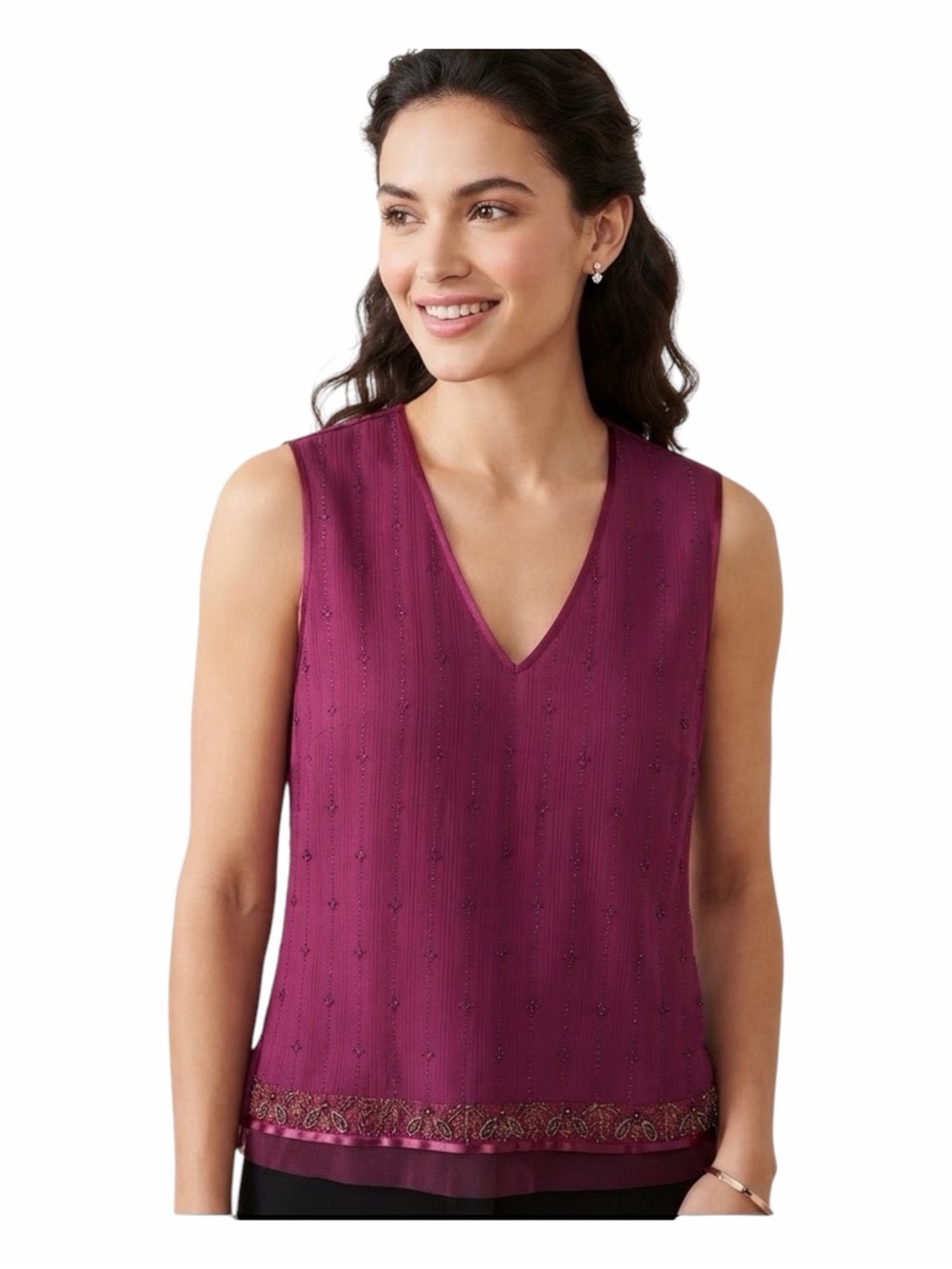 White + Warren Magenta Beaded & Embroidered Woman’s V-Neck Tank - Medium